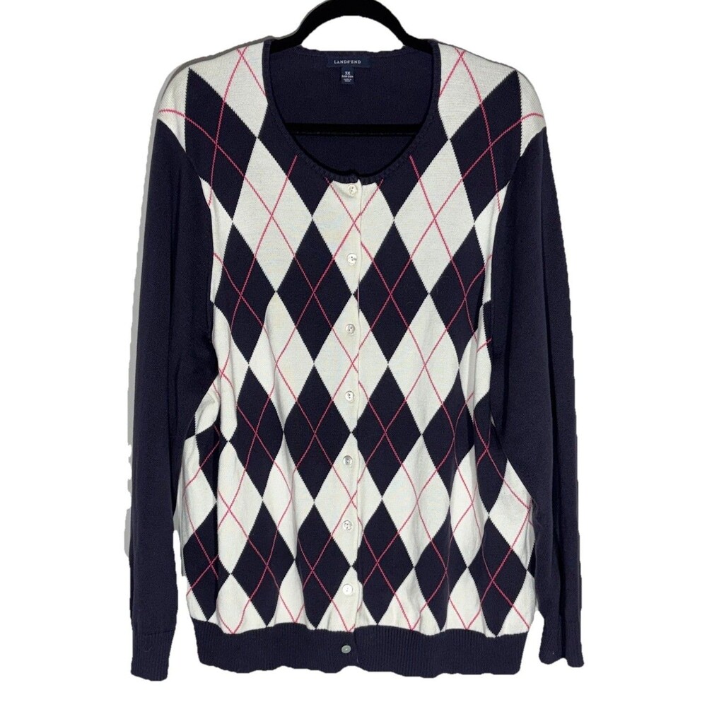 Lands End Womens Argyle Sweater Size 3X Plus Button Cardigan Blue Preppy Golf